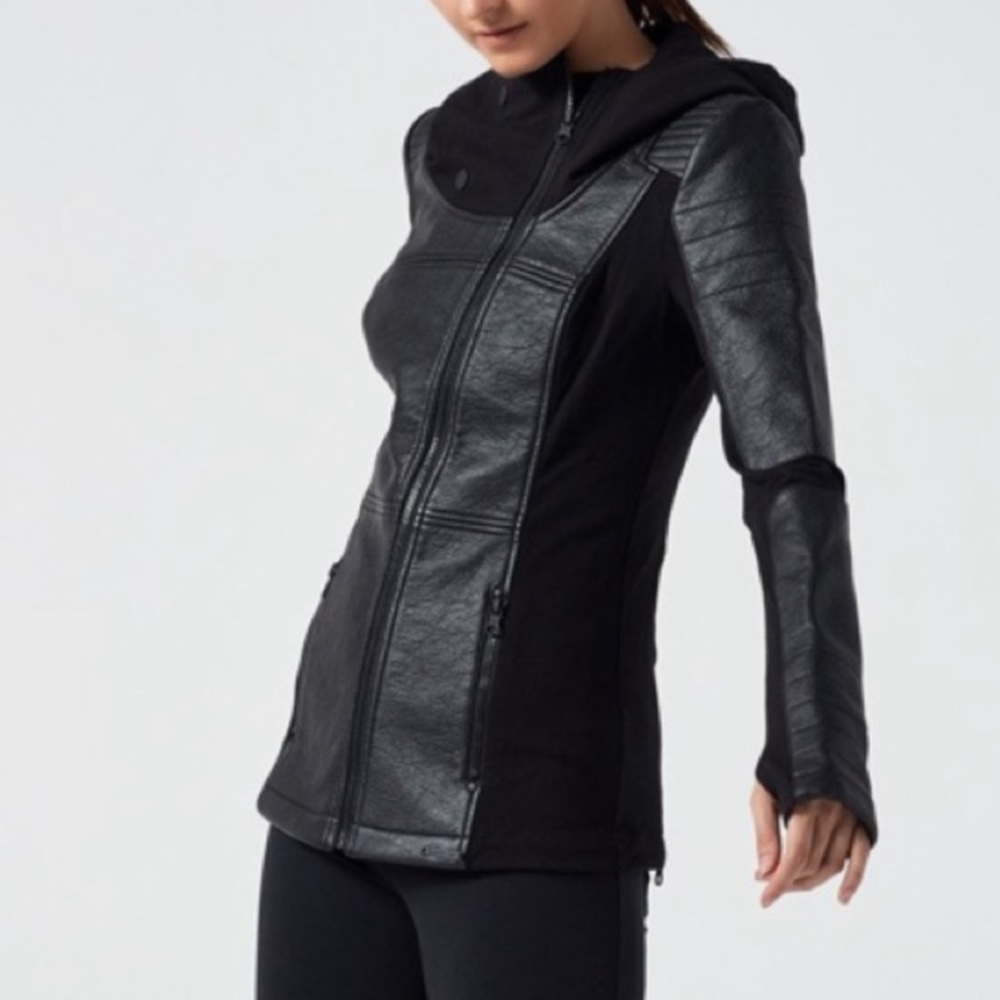 Blanc Noir Assymetric Hooded Moto Jacket • Faux Leather • M
